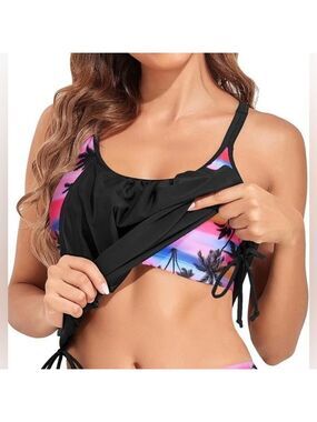 Tankini Swim Top Women-Black Tropical Print, Loose & Long, Size M